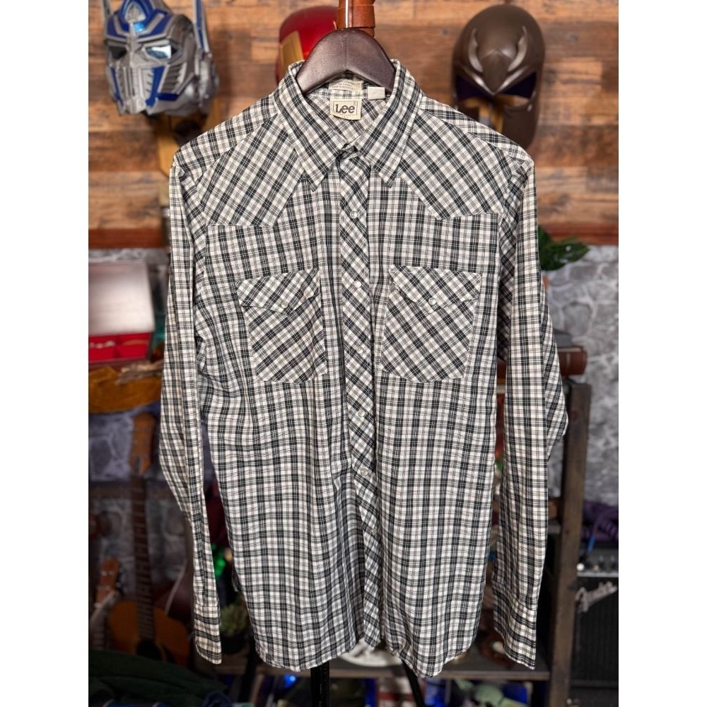 VINTAGE Lee Large Black/White Plaid Flannel Shirt Snap Buttons